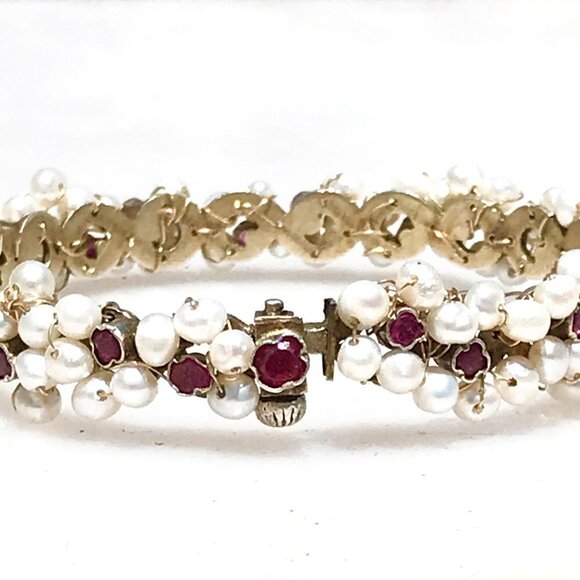 Austro Hungarian AAA Ruby Pearl Gilded Sterling Silver Bracelet Rare Antique 925 - Picture 3 of 10